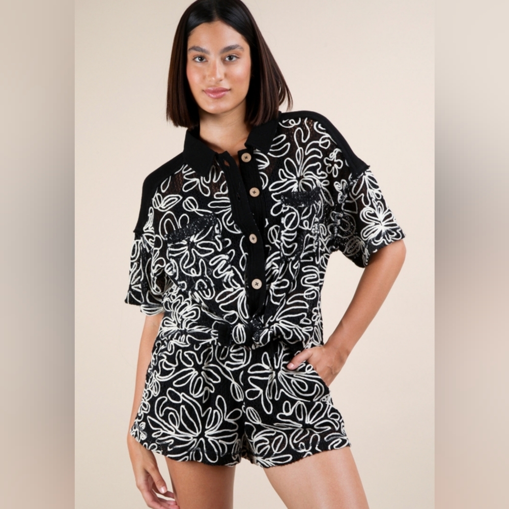 Black Printed Casual Shirt Top & Shorts Set